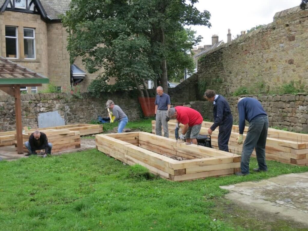 Blocks being nailed into place with a nail gun