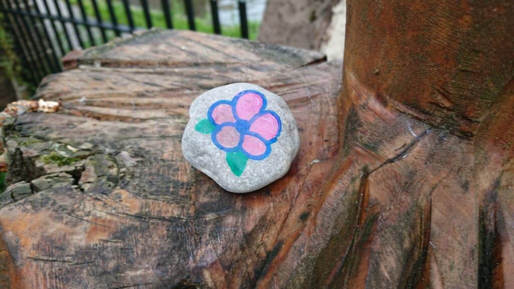 One of the painted stones left on the Triangle over the last year