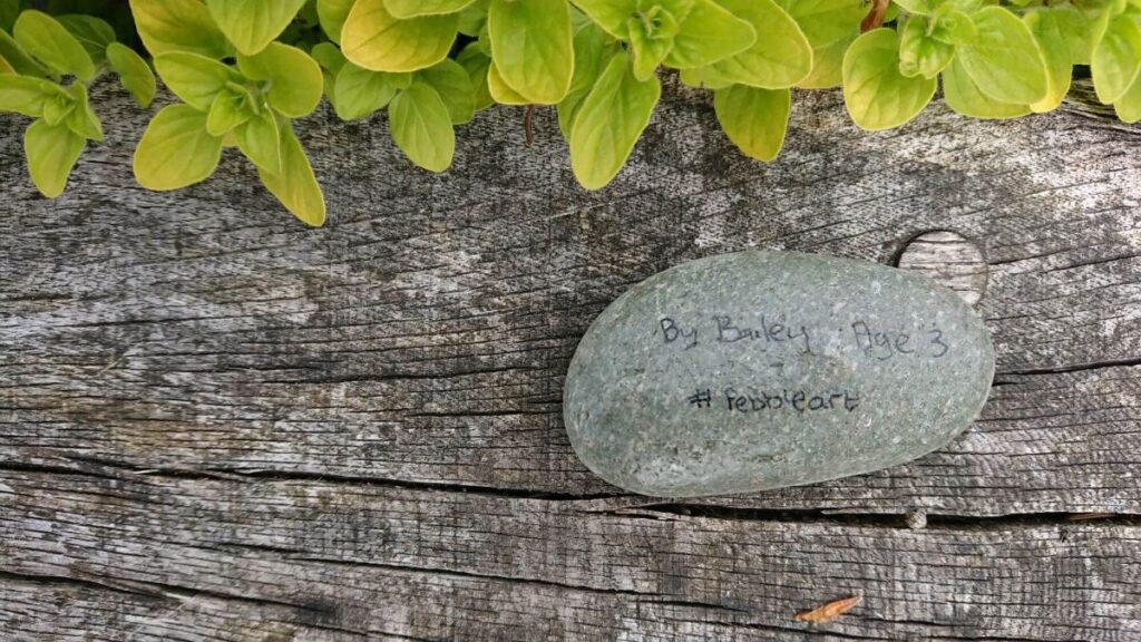 One of the painted stones left on the Triangle over the last year