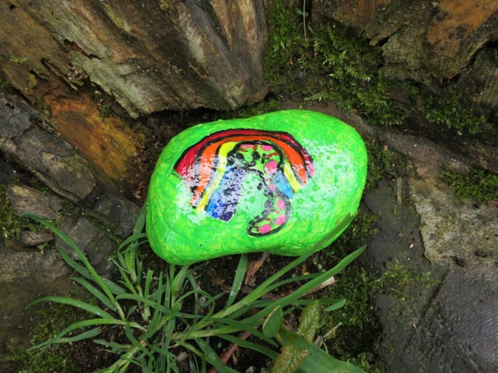 One of the painted stones left on the Triangle over the last year