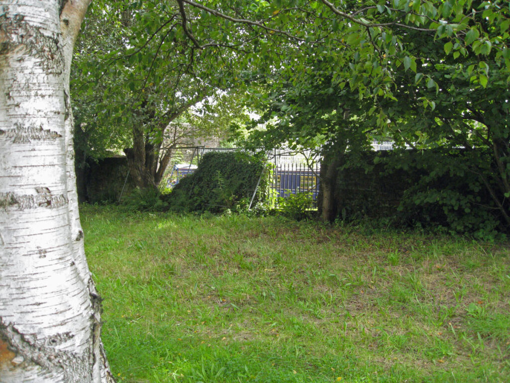 View towards the canal showing the cut grass and the broken wall