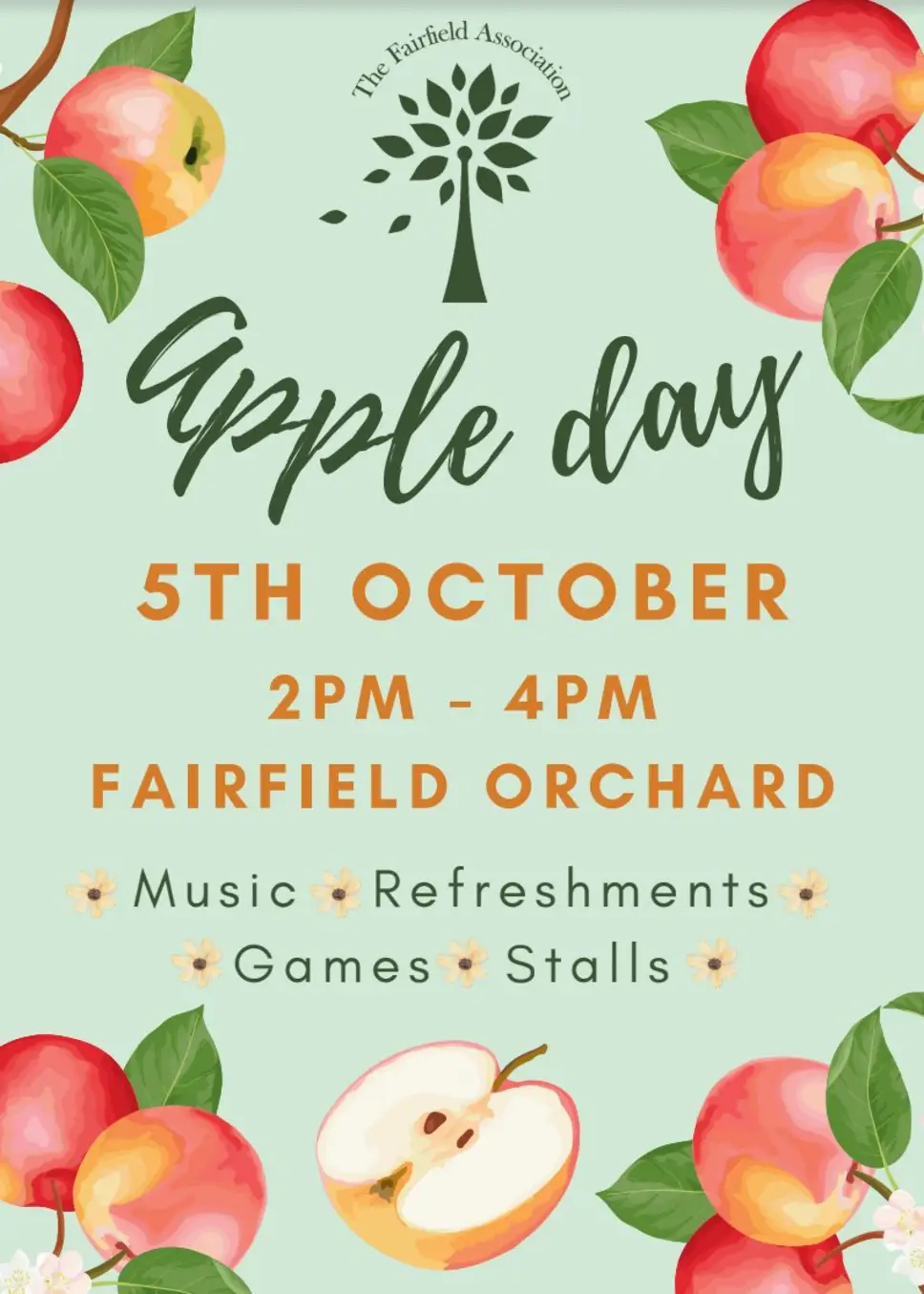 Flyer for Apple Day 5 October 2024 2pm to 4pm in Fairfield Orchard