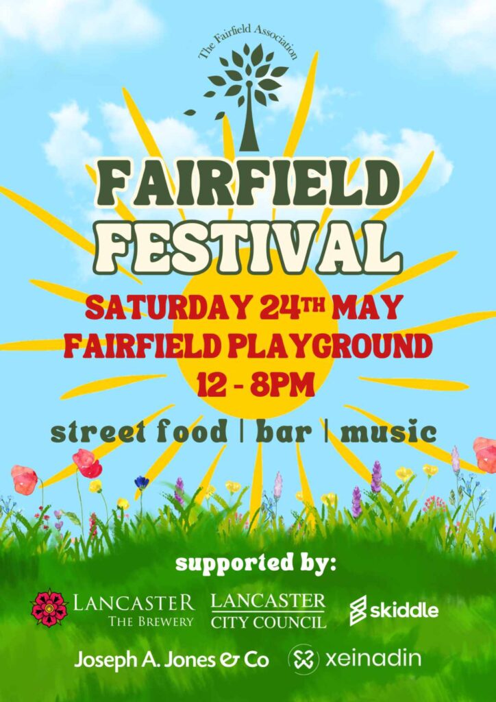 Fairfield Festival 2025 Poster: Saturday 24 May 2025, Fairfield Playground 12-8pm, street food, bar  music