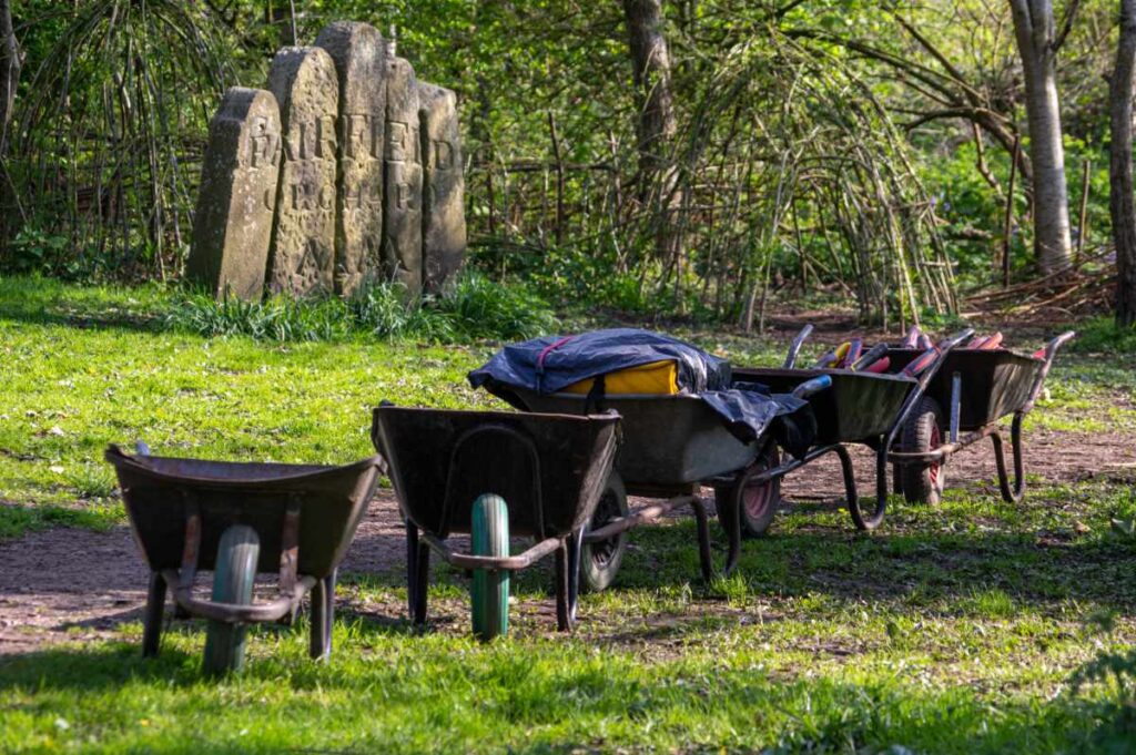 Four wheelbarrows in a line by the Fauna Stone