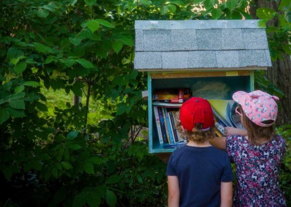 Two children looking at books in a small free library situated outside near trees
