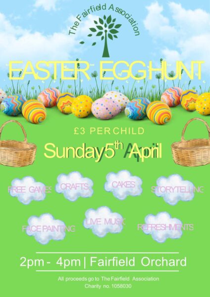 Easter Egg Hunt Poster Fairfield Orchard between 2-4pm on Sunday 5 April.