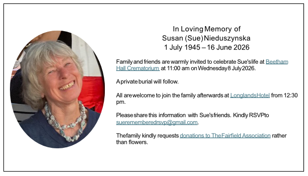 In Loving Memory of Susan (Sue) Nieduszynska 1 July 1945 – 16 June 2026
